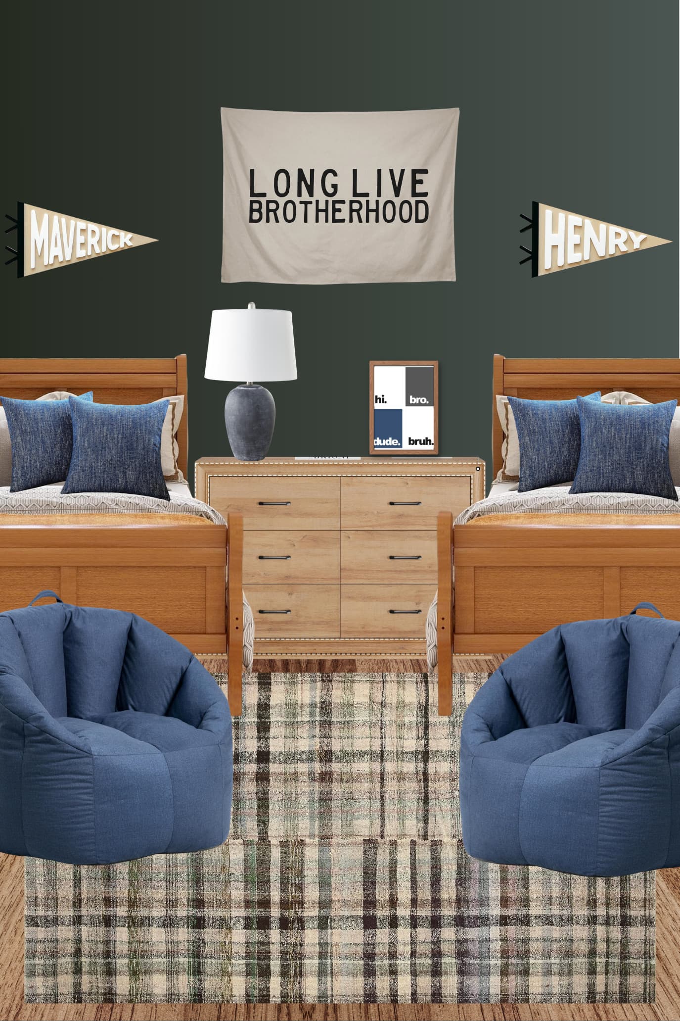 Looking for inspiration to create a cozy and stylish shared boys' room? This design features a perfect blend of classic wood furniture, denim accents, and playful decor, making it ideal for brothers who love to share their space. The deep green walls paired with rustic wood tones and plaid rugs bring warmth and character, while the personalized pennants and fun wall art add a touch of individuality. Perfect for any modern farmhouse or classic home. Save this pin for your next room makeover!