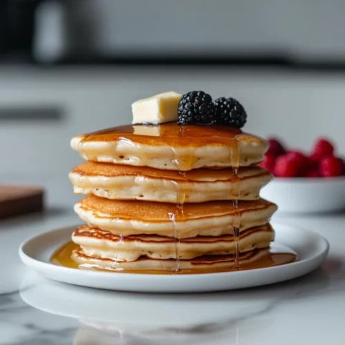 A close up of fluffy cottage cheese protein pancakes in a white timeless kitchen