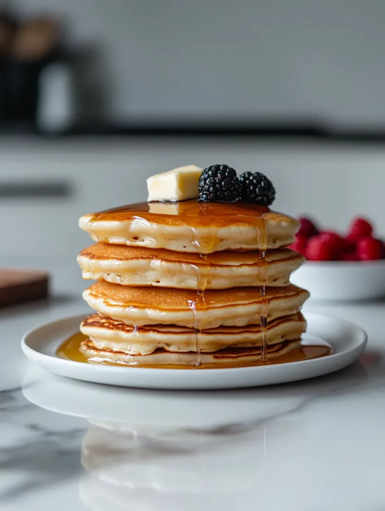 A close up of fluffy cottage cheese protein pancakes in a white timeless kitchen