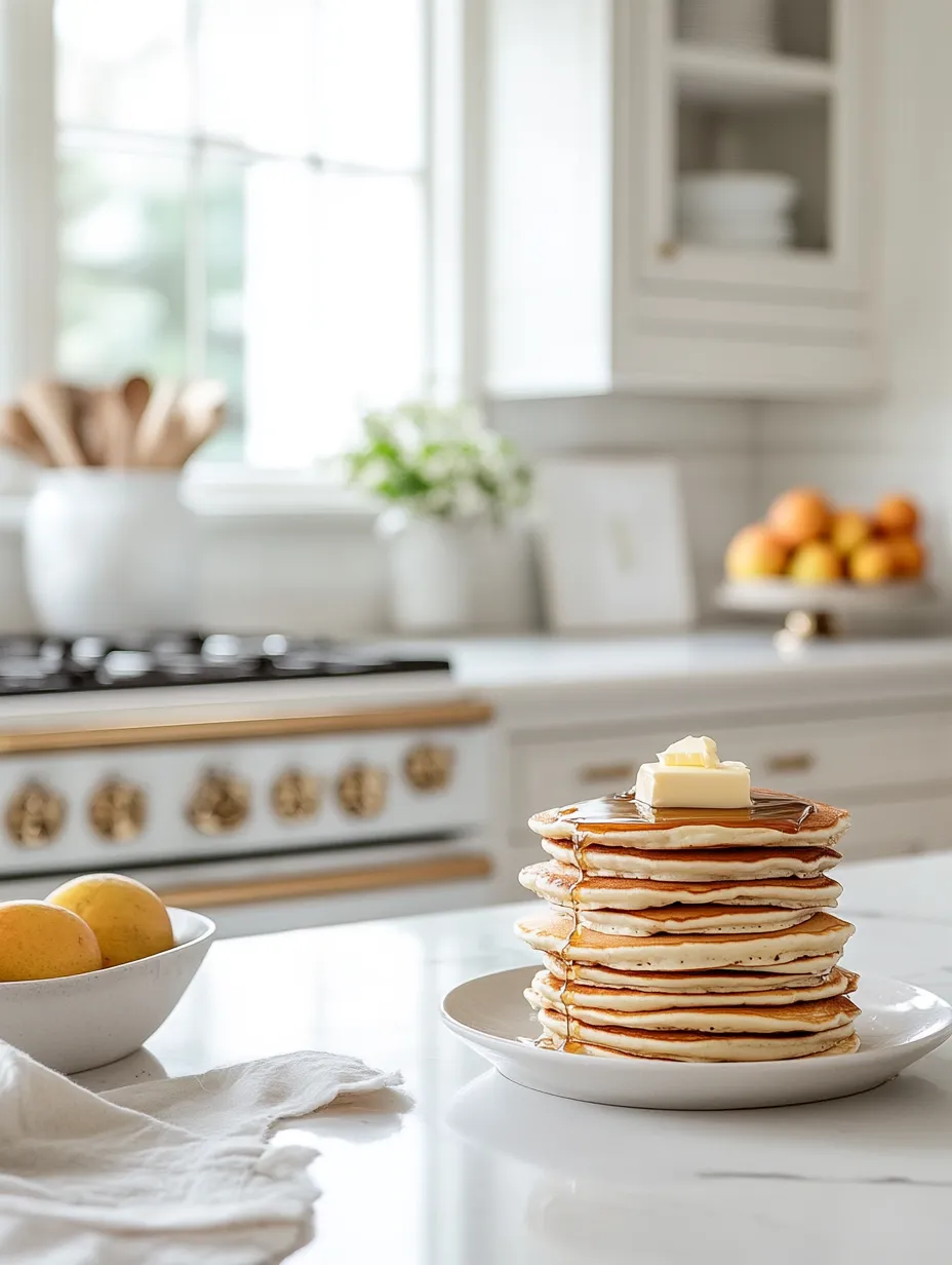 fluffy cottage cheese protein pancakes in a white timeless kitchen