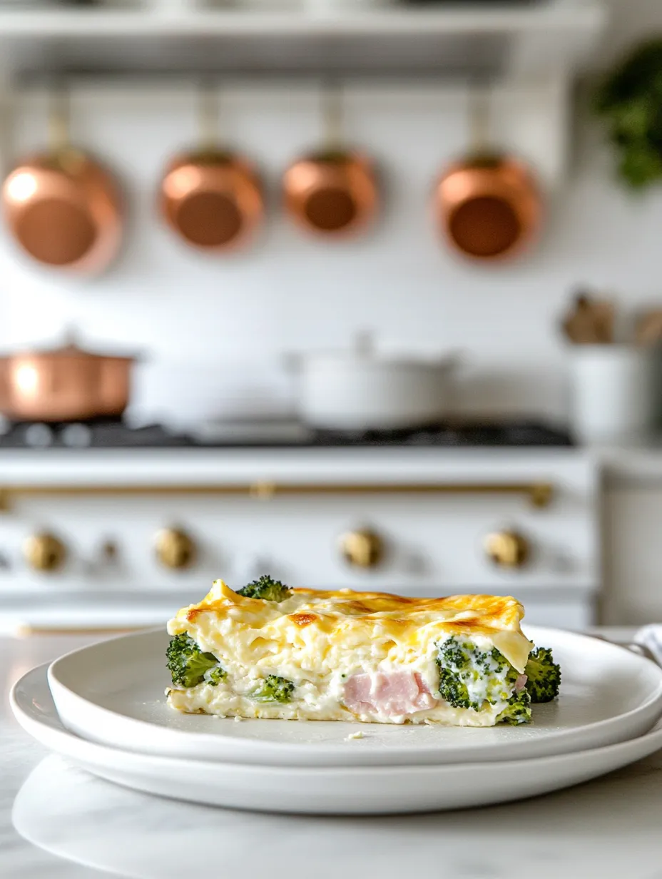 gluten free breakfast casserole with egg, ham, broccoli, and cottage cheese
