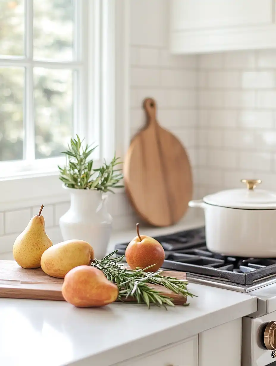 A fall simmer pot with pears, rosemary, and vanilla bubbling on a stovetop in a bright, airy white kitchen, with natural light enhancing the warm, seasonal atmosphere.