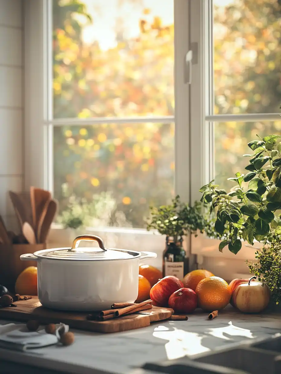 A cozy autumn scene in a bright white kitchen featuring a simmer pot surrounded by fresh fall ingredients like apples, oranges, and cinnamon sticks, with warm sunlight filtering through a large window.