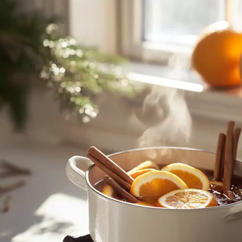 A fall simmer pot filled with orange slices, cinnamon sticks, and cloves simmering on a stovetop in a bright white kitchen, with soft autumn sunlight streaming through the window.