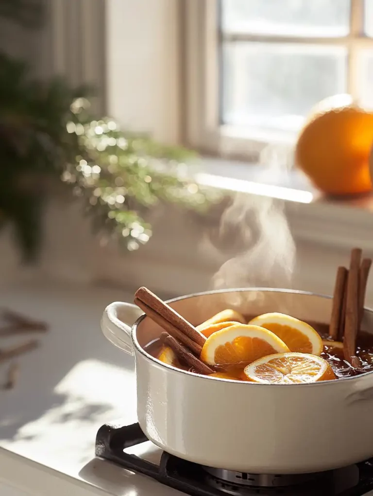 A fall simmer pot filled with orange slices, cinnamon sticks, and cloves simmering on a stovetop in a bright white kitchen, with soft autumn sunlight streaming through the window.