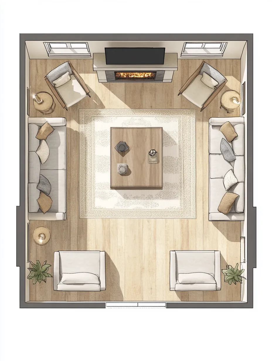 Living Room Furniture Ideas with a Fireplace Floor plan Layout Idea