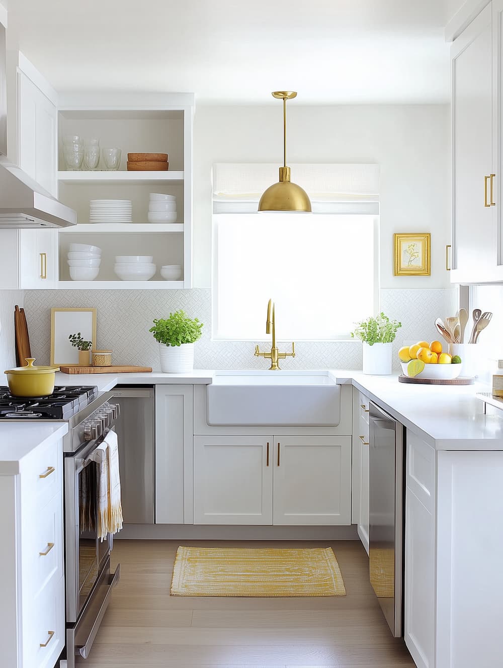 small white kitchen with yellow accents