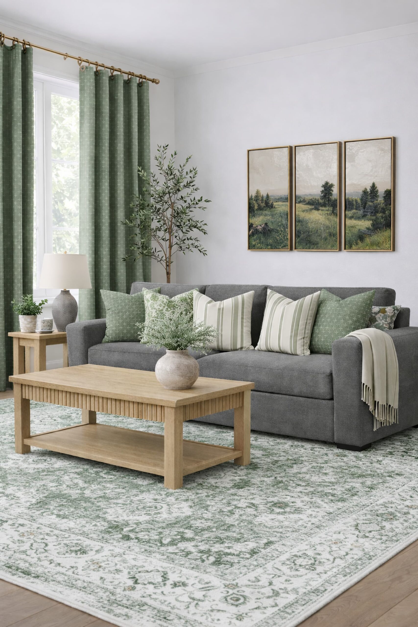 grey sofa styled with green pillows and room accents