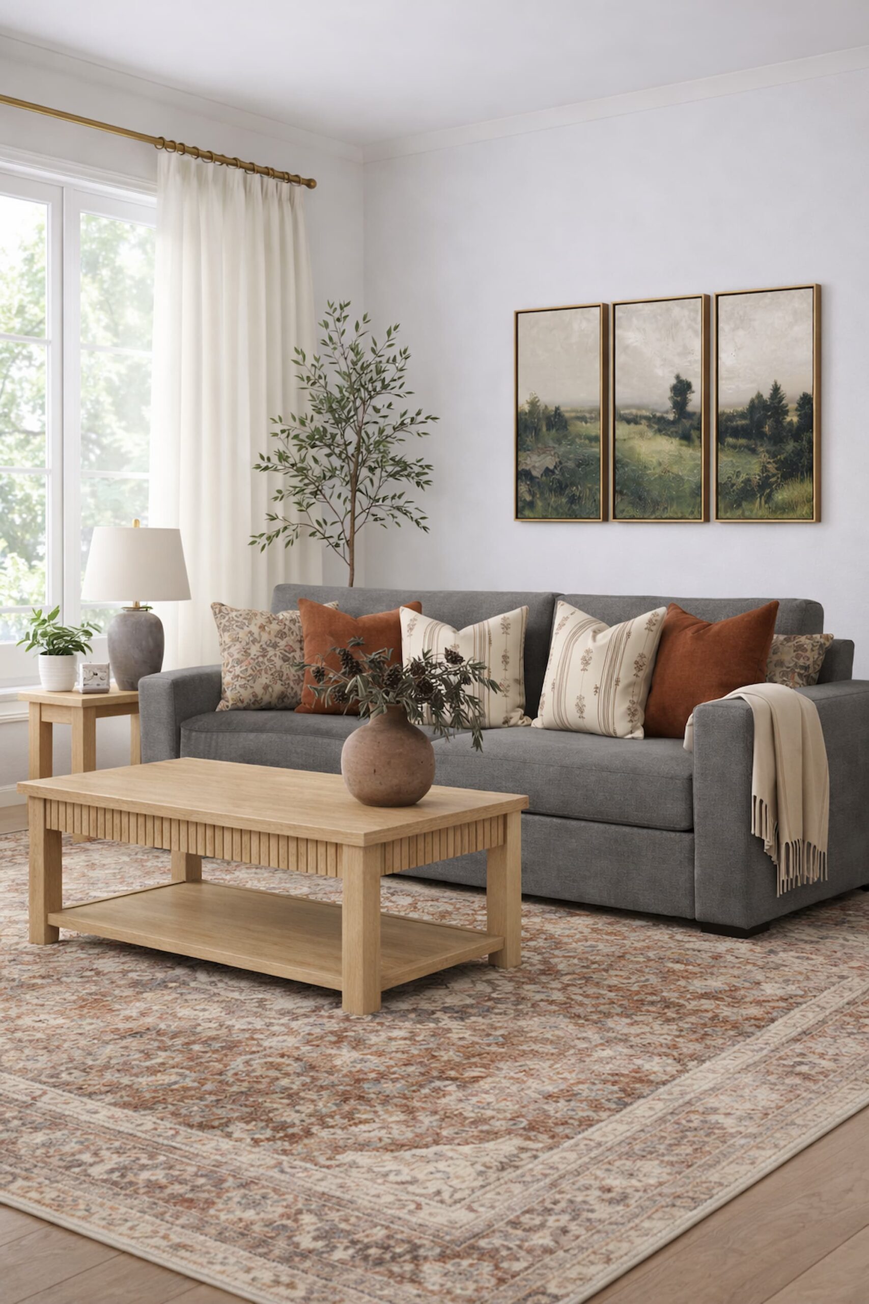 warm earth tones with grey couch styling. 