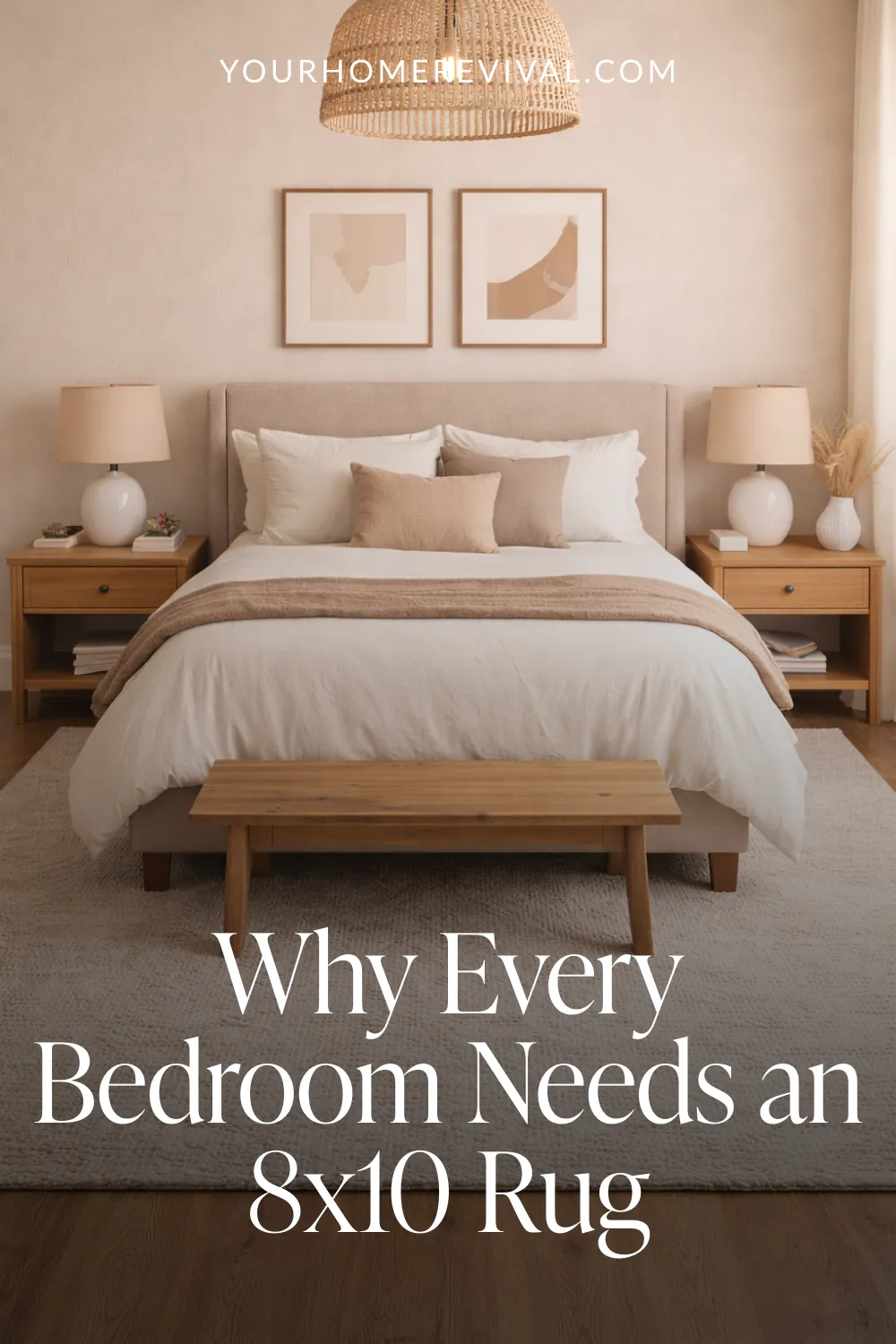 Queen bed styled on a neutral rug with proper rug exposure around the bed for a balanced bedroom layout.