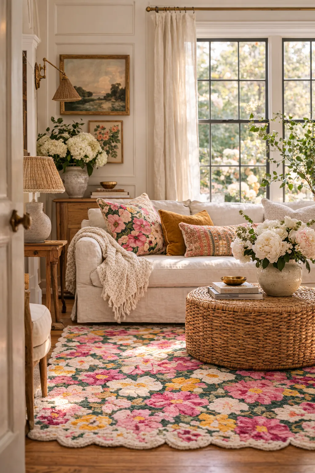Anthropologie rug dupes — colorful floral scalloped edge rug styled in a warm designer living room with cream linen sofa and rattan ottoman