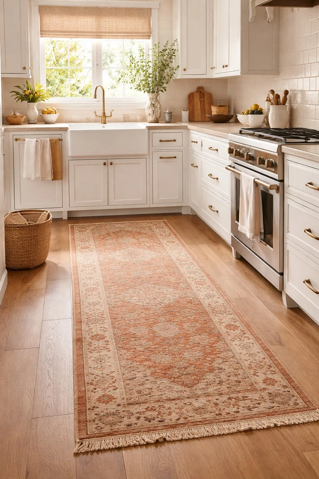 vintage Persian kitchen runner rug in a bright white kitchen with brass hardware and hardwood floors