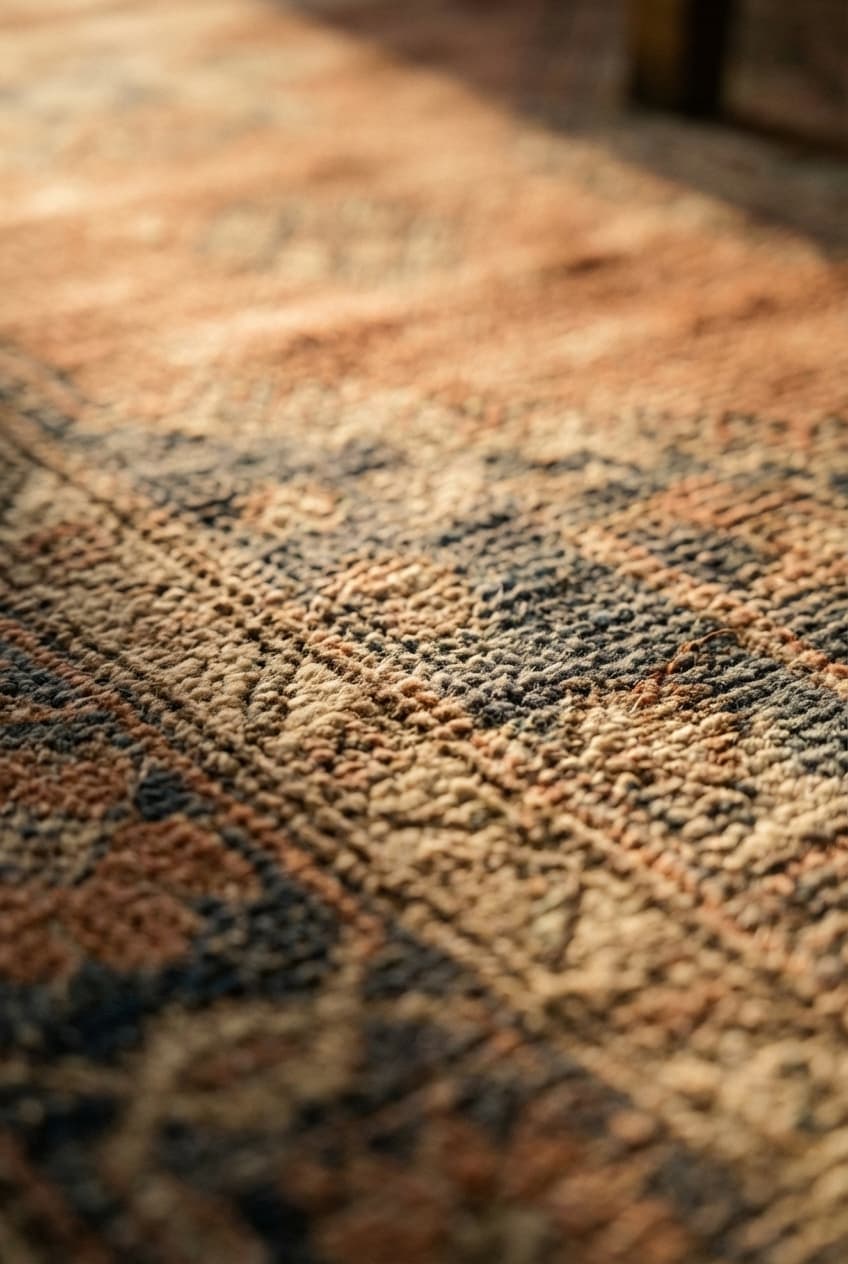 Close-up of vintage style rugs texture in muted cinnamon and washed indigo with hand-knotted wool pile