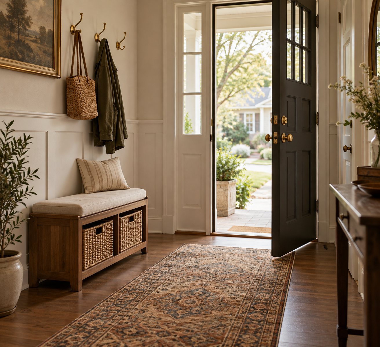 Small entryway storage ideas with a narrow shoe cabinet, brass wall hooks and a compact landing surface