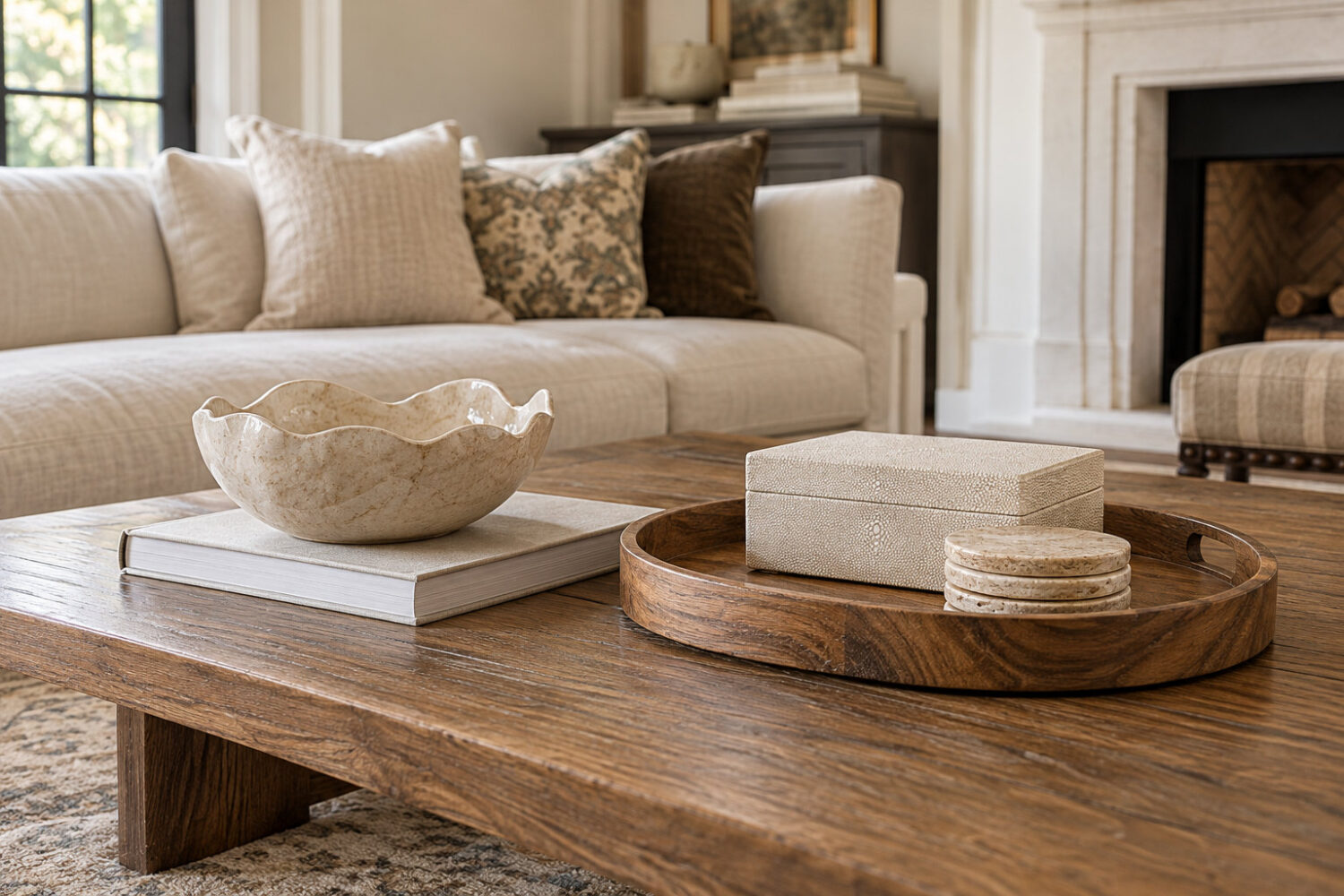 AI-created coffee table styling concept with a wavy ivory ceramic bowl, acacia wood tray, textured ivory storage box and travertine-look coasters